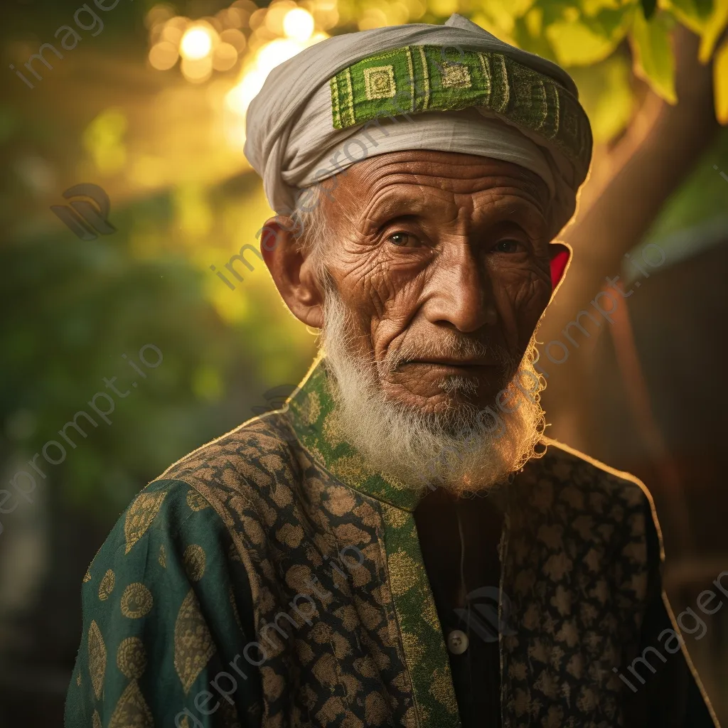 Elderly man in traditional attire in a peaceful garden - Image 3