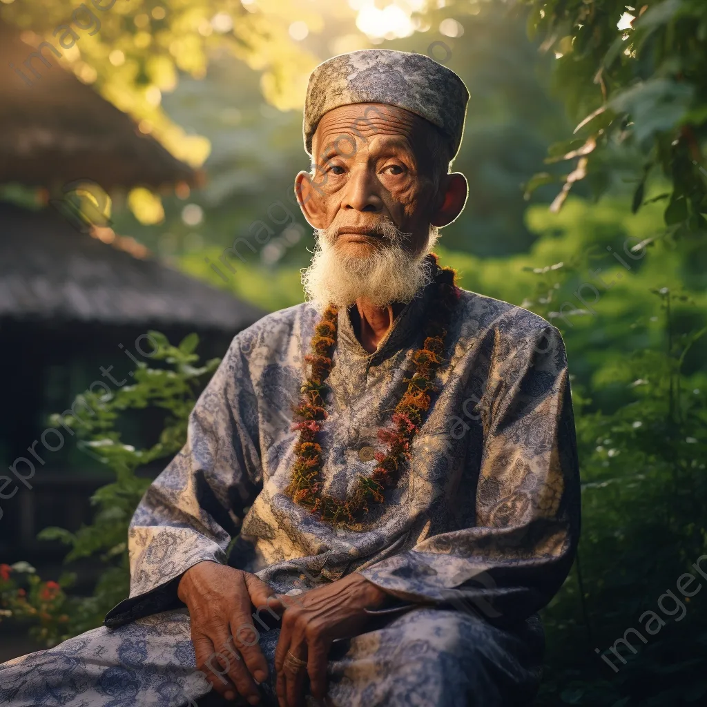 Elderly man in traditional attire in a peaceful garden - Image 4