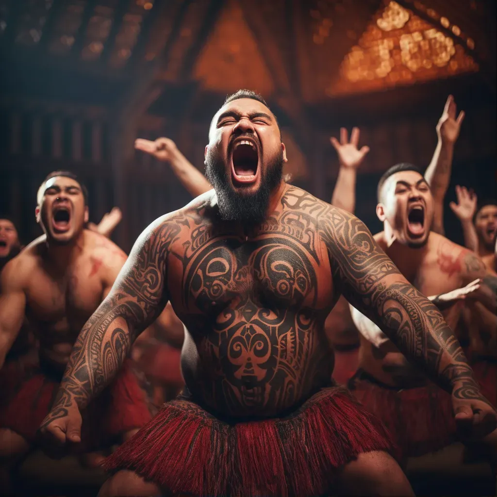 Image of a traditional Maori haka performance in New Zealand with performers in traditional attire executing powerful movements - Image 1