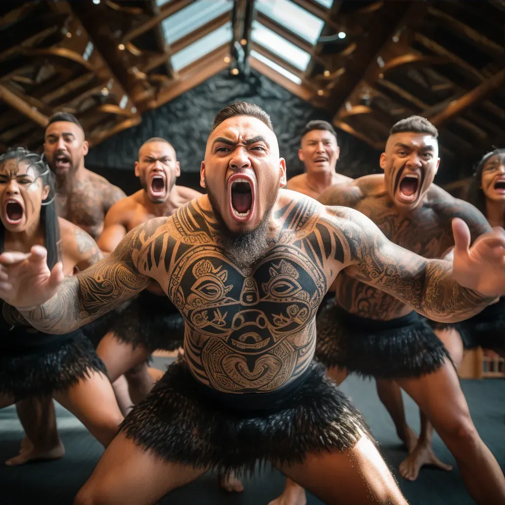 Image of a traditional Maori haka performance in New Zealand with performers in traditional attire executing powerful movements - Image 3