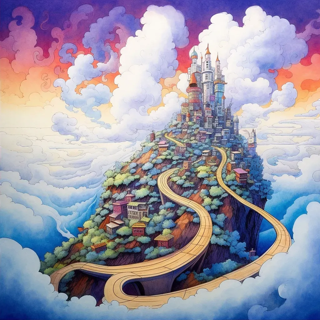 Illustration of a winding road leading to a city floating in the clouds - Image 2