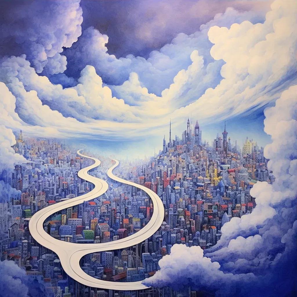 Illustration of a winding road leading to a city floating in the clouds - Image 3