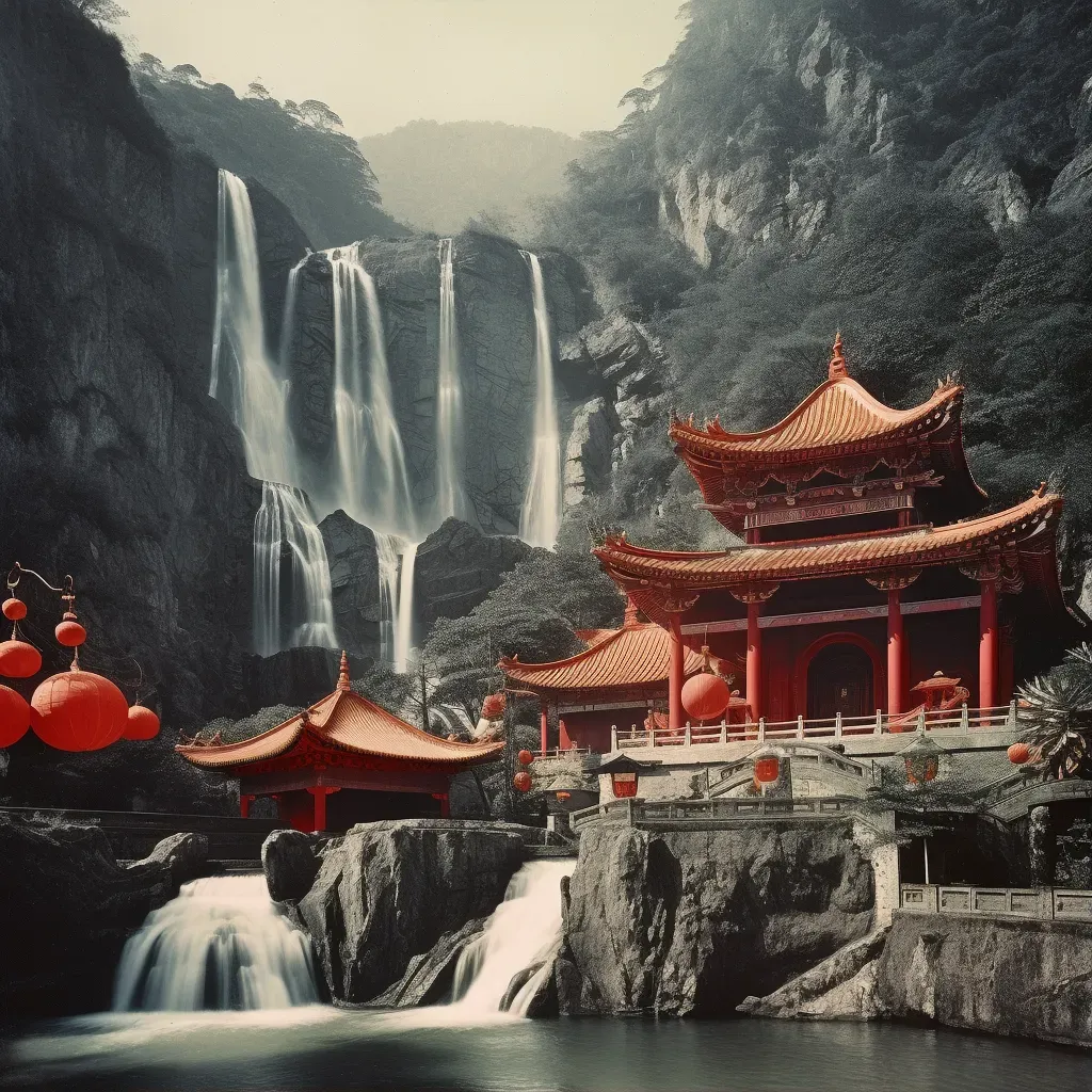 Tranquil Taoist temple in Chinese mountains with dragon statues and waterfall nearby - Image 1