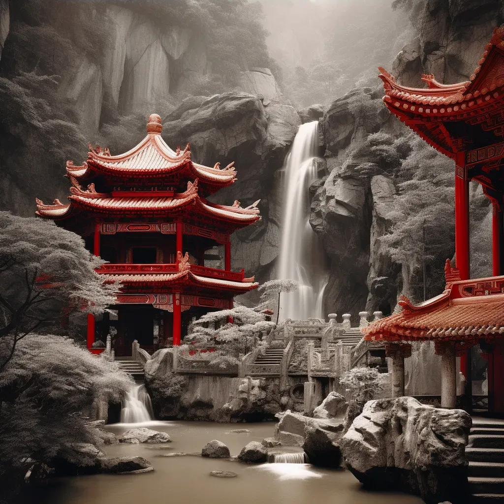 Tranquil Taoist temple in Chinese mountains with dragon statues and waterfall nearby - Image 3