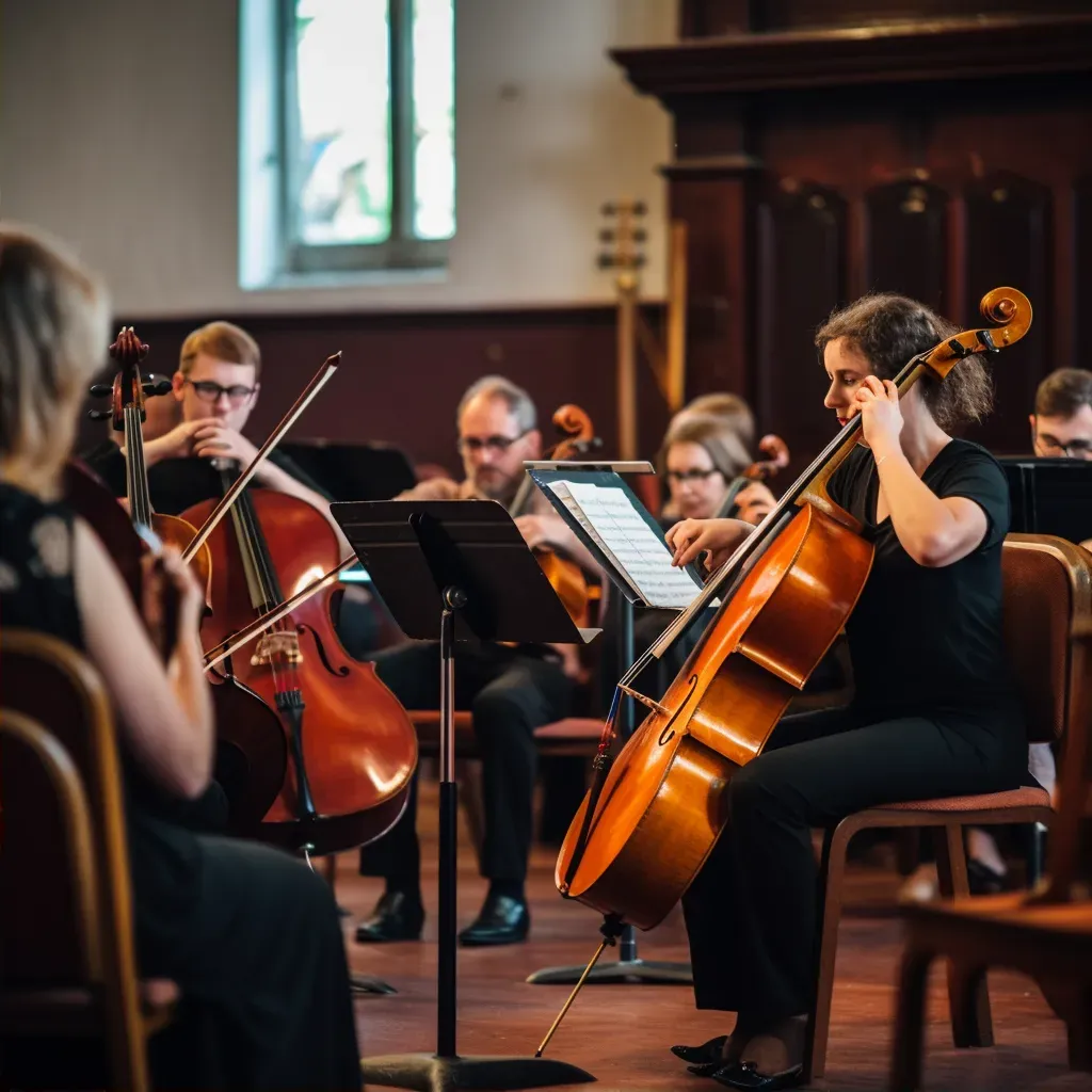 Local community orchestra performance with musicians playing classical music and conductor leading - Image 2