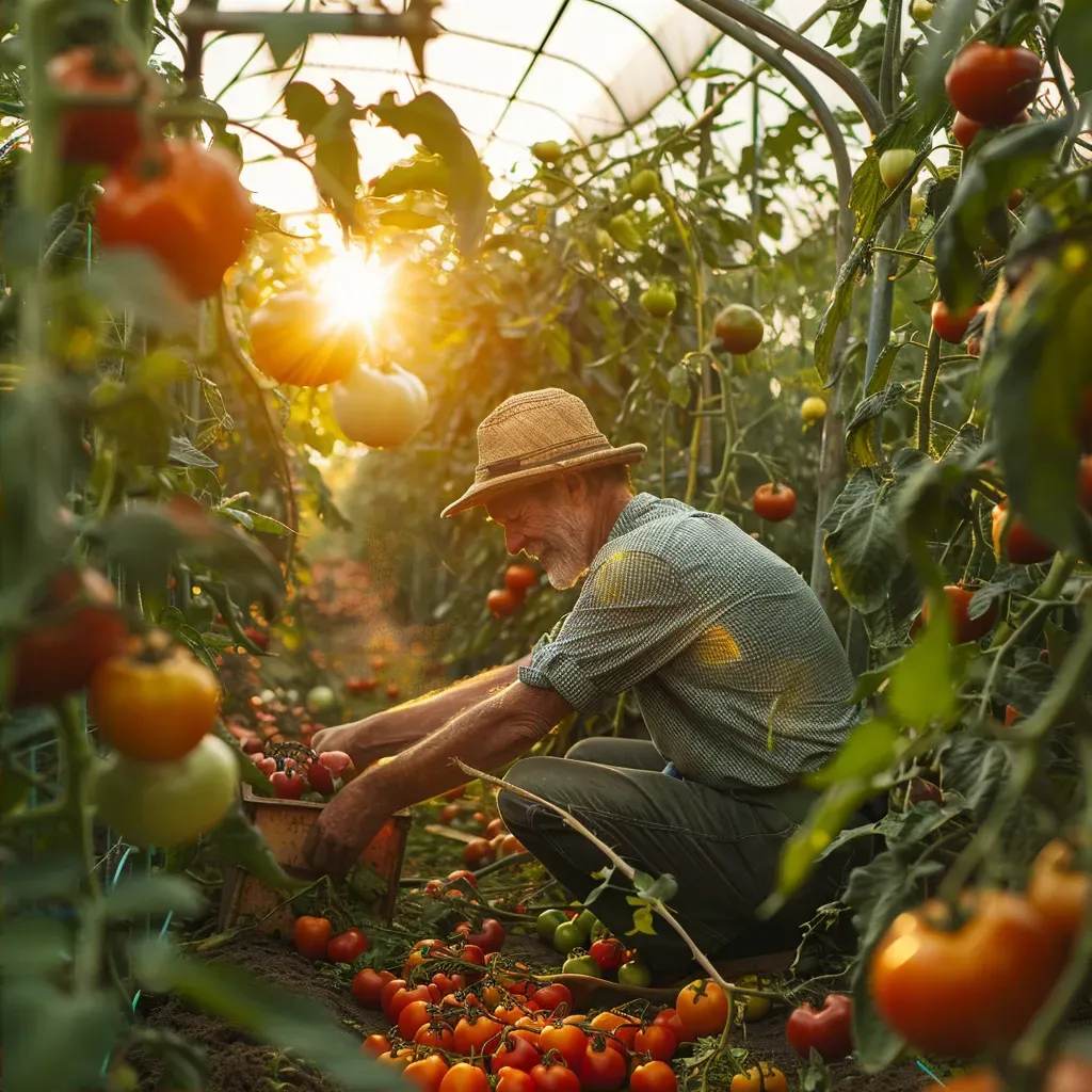 Farmer harvesting tomatoes in a greenhouse. - Image 2