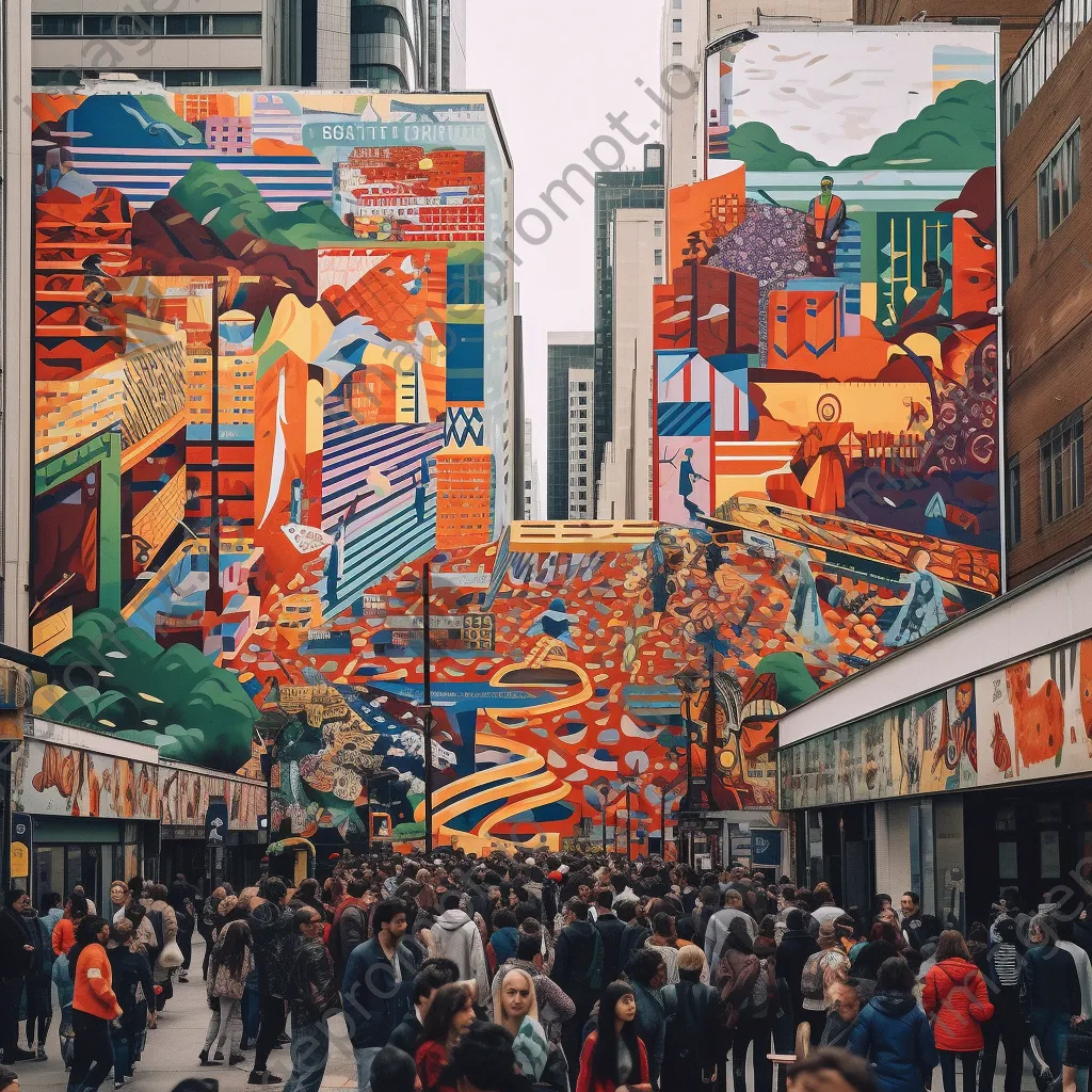 City mural with geometric patterns and pedestrians - Image 1