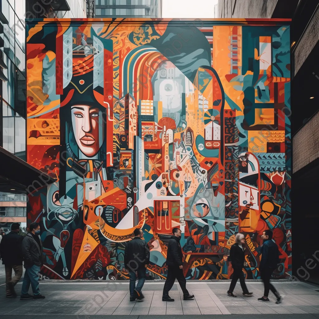 City mural with geometric patterns and pedestrians - Image 2