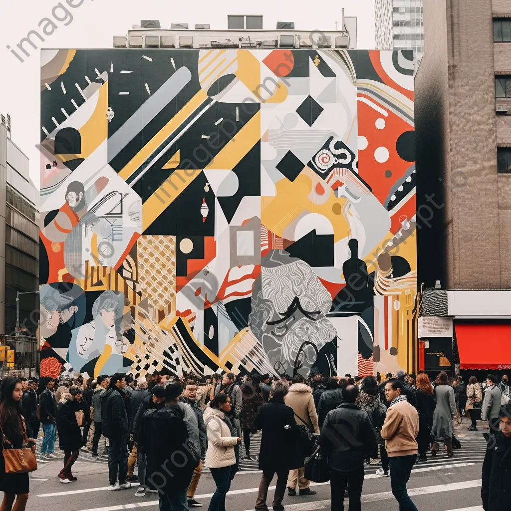 City mural with geometric patterns and pedestrians - Image 3