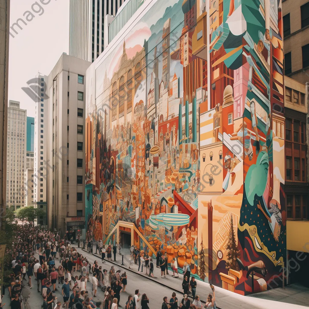 City mural with geometric patterns and pedestrians - Image 4