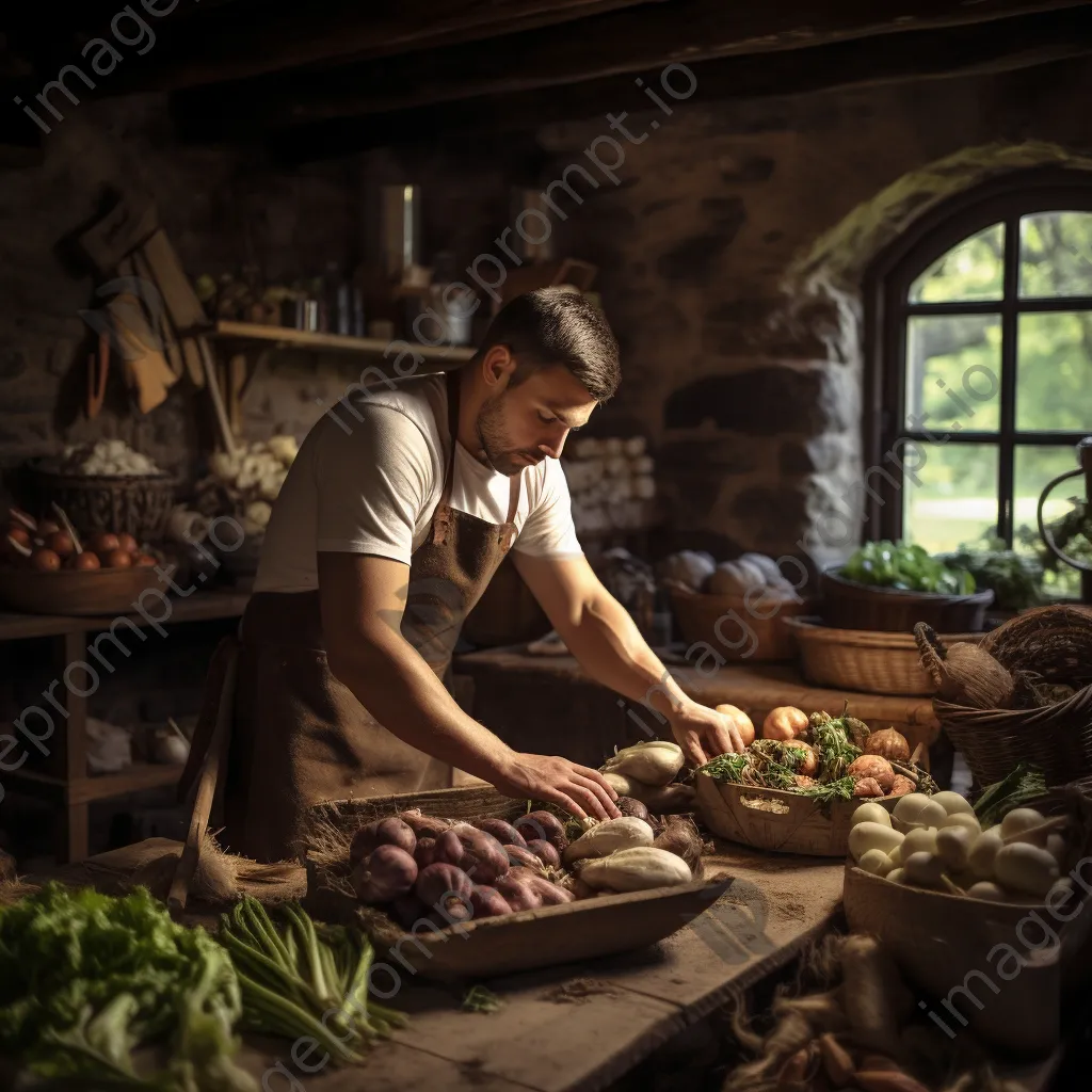 Artisan preparing food in kitchen with root cellar background. - Image 1