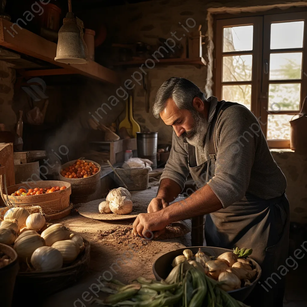 Artisan preparing food in kitchen with root cellar background. - Image 3