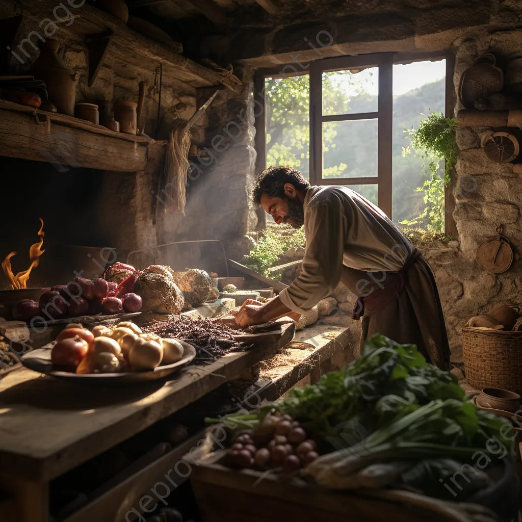 Artisan preparing food in kitchen with root cellar background. - Image 4