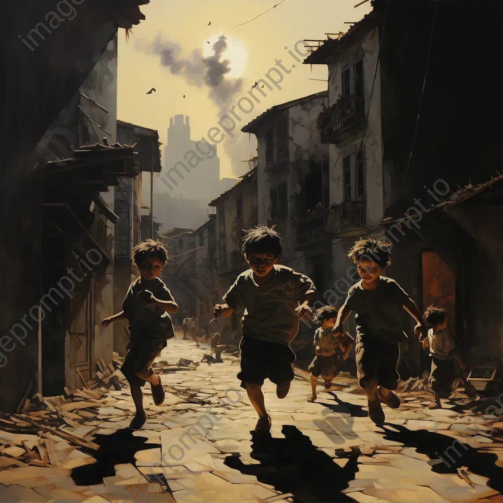 Children playing in a war-torn street, showing hope and resilience in chiaroscuro technique - Image 1