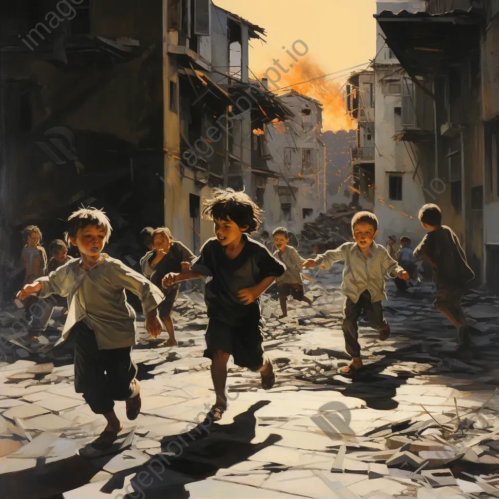 Children playing in a war-torn street, showing hope and resilience in chiaroscuro technique - Image 2