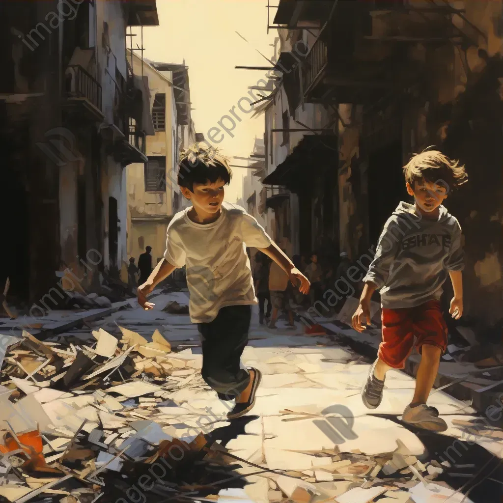 Children playing in a war-torn street, showing hope and resilience in chiaroscuro technique - Image 3