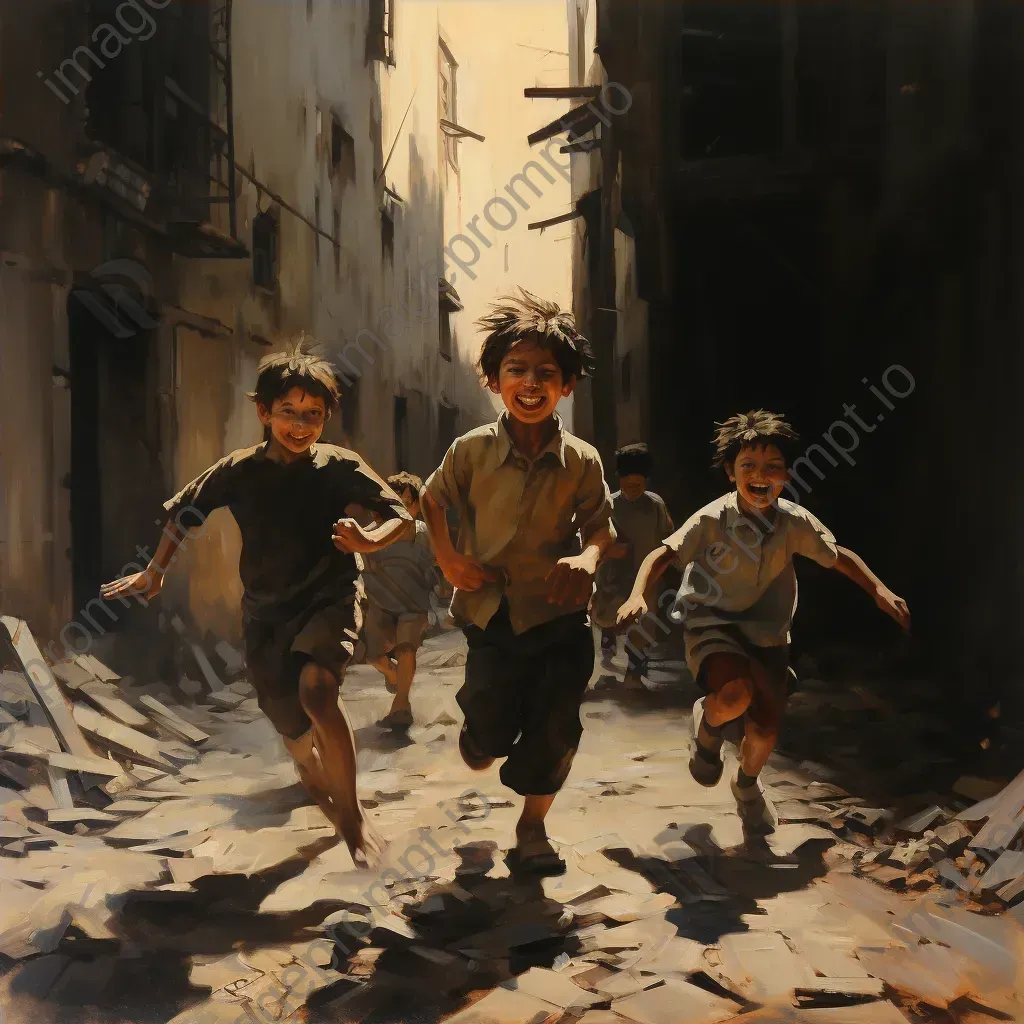 Children playing in a war-torn street, showing hope and resilience in chiaroscuro technique - Image 4