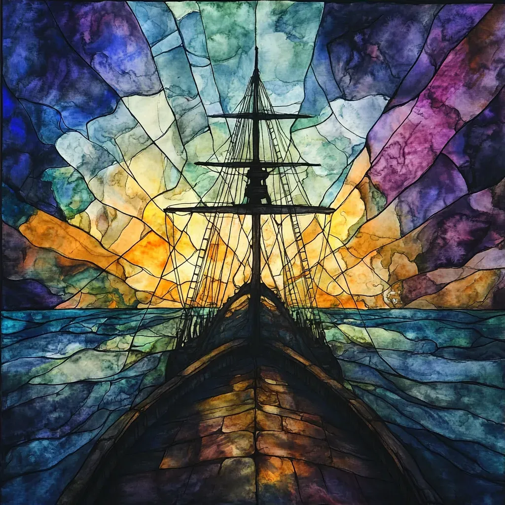 Watercolor stained glass style depiction of an ethereal ghost ship journey navigated by spectral sailors amidst nightmares - Image 3