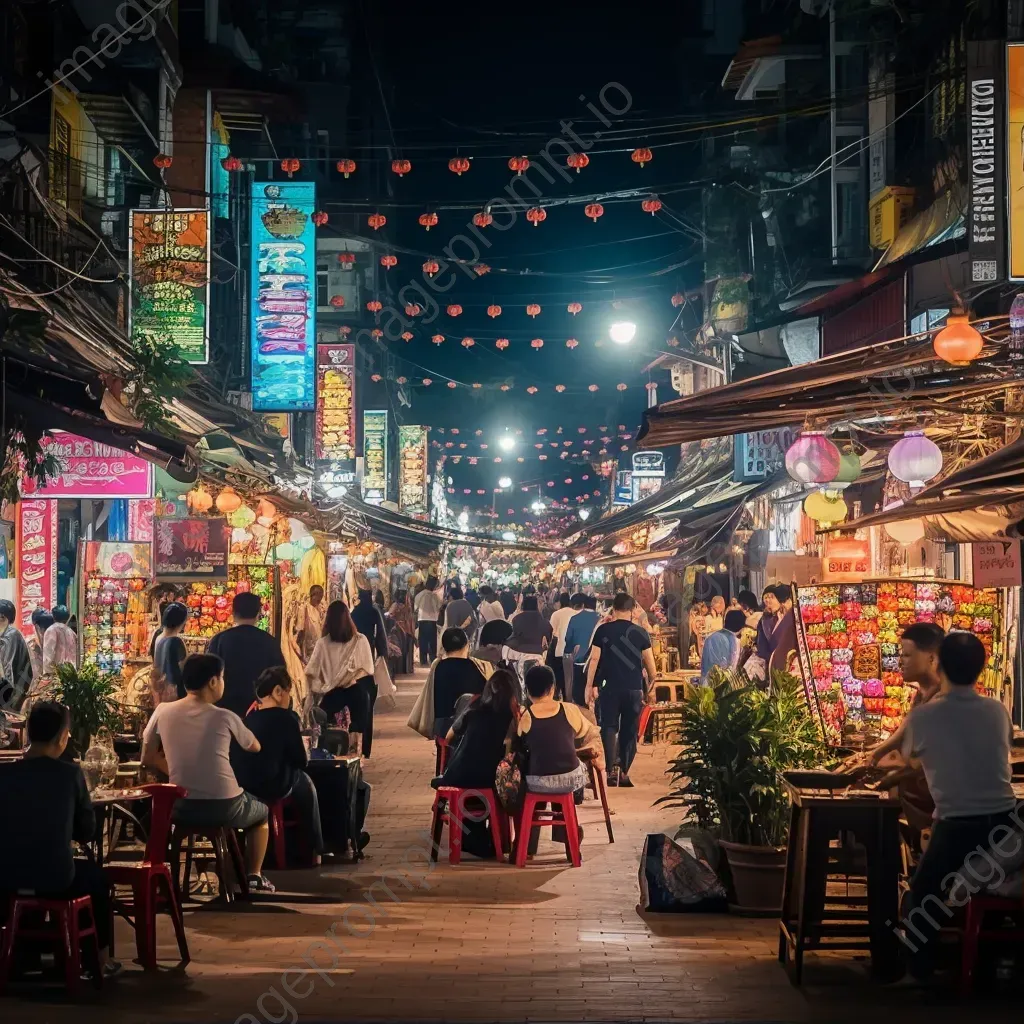 Busy night market with stalls lit up by colorful lights and bustling crowd at night - Image 1