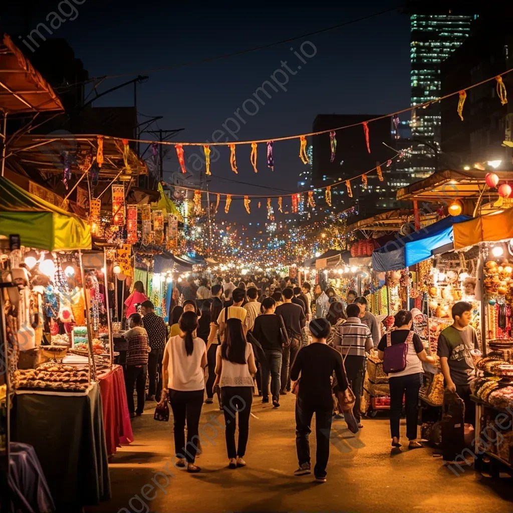 Busy night market with stalls lit up by colorful lights and bustling crowd at night - Image 2