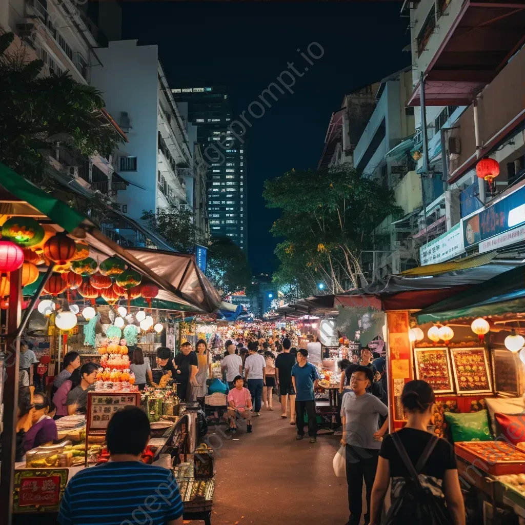 Busy night market with stalls lit up by colorful lights and bustling crowd at night - Image 3