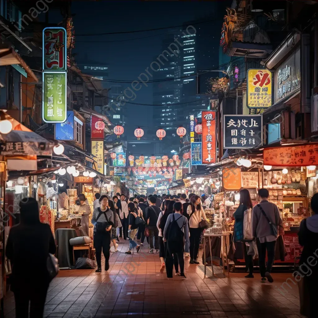 Busy night market with stalls lit up by colorful lights and bustling crowd at night - Image 4