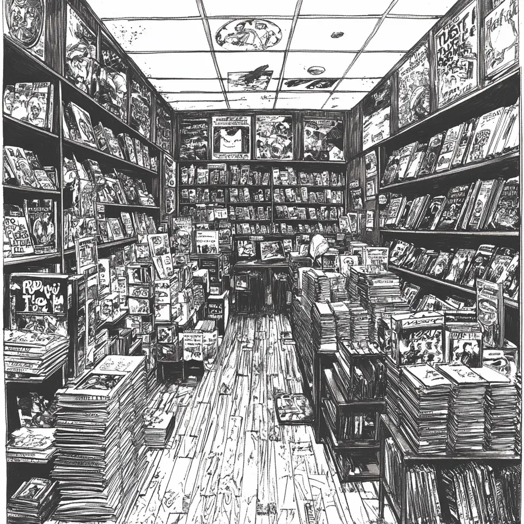 Ink drawing of a bustling 1980s comic book store - Image 1