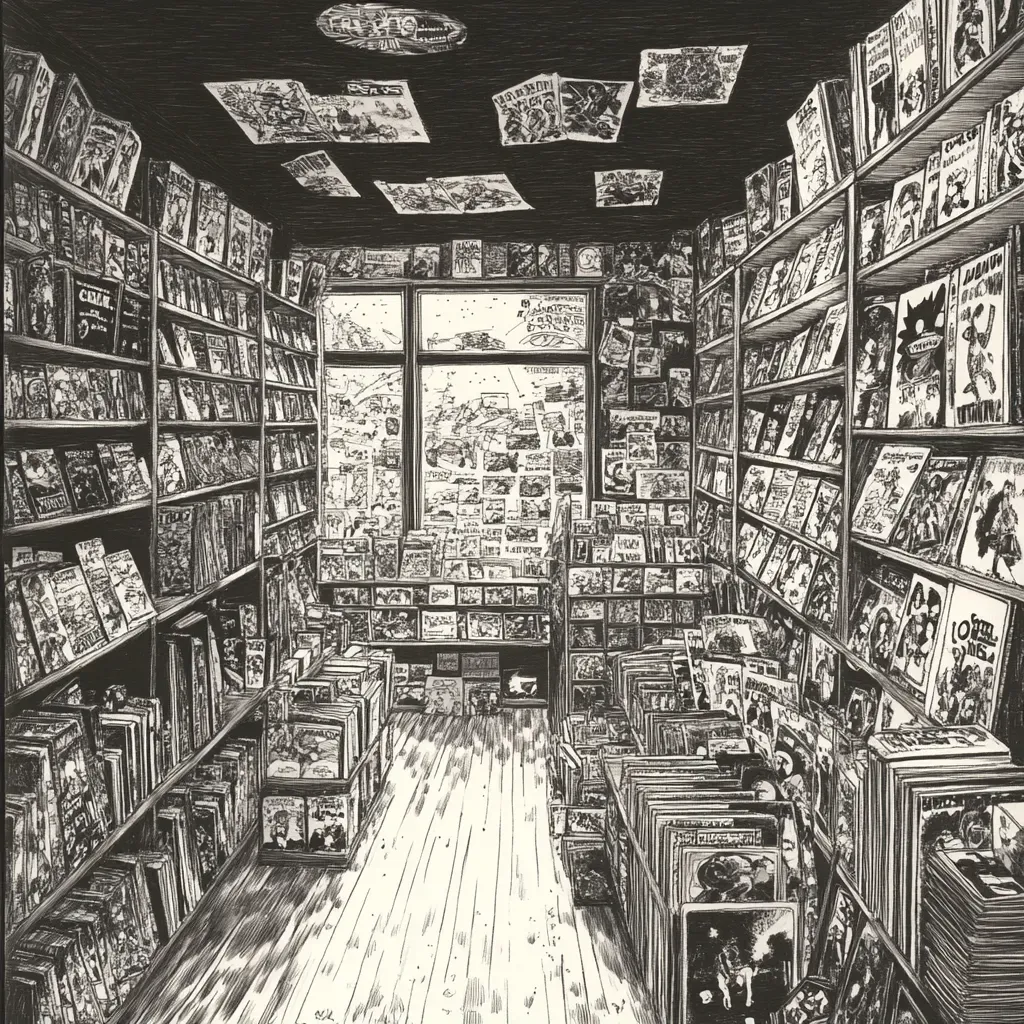 Ink drawing of a bustling 1980s comic book store - Image 2