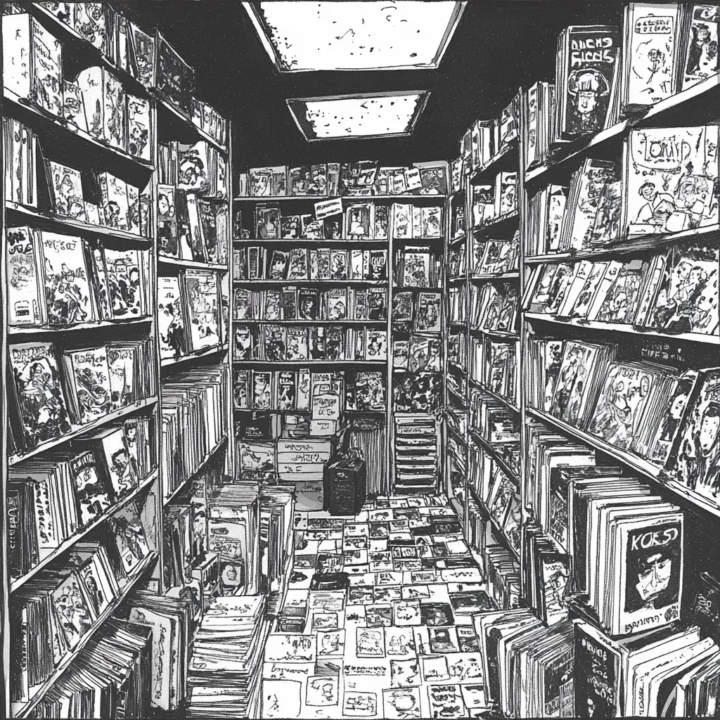 Ink drawing of a bustling 1980s comic book store - Image 4