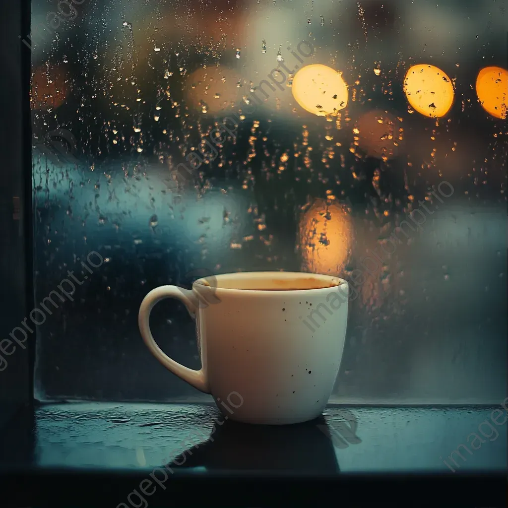 Minimalist artwork of a coffee cup reflected in a rainy window pane - Image 1