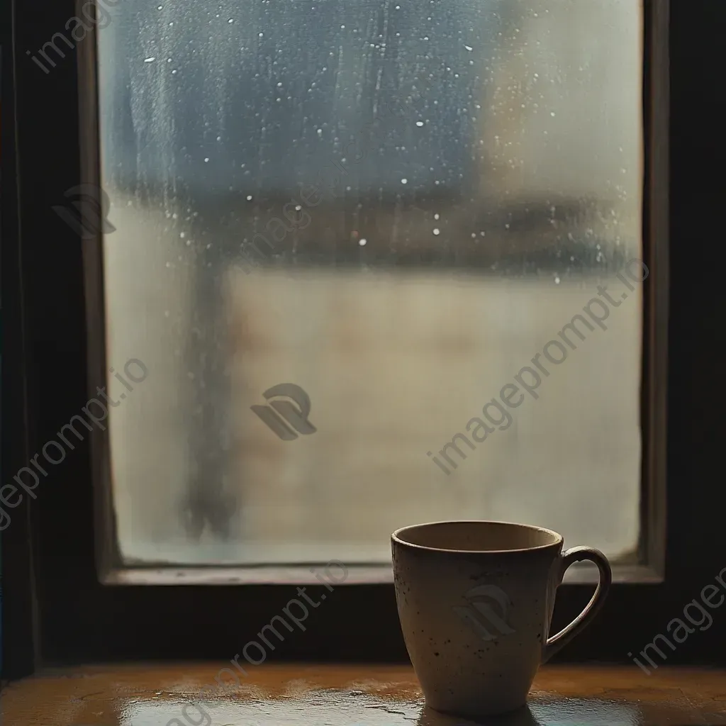 Minimalist artwork of a coffee cup reflected in a rainy window pane - Image 2