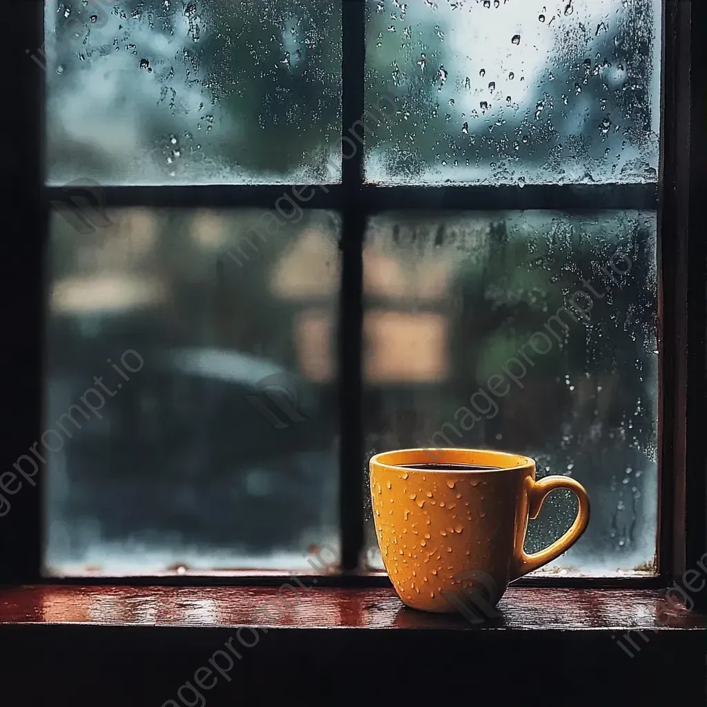 Minimalist artwork of a coffee cup reflected in a rainy window pane - Image 3