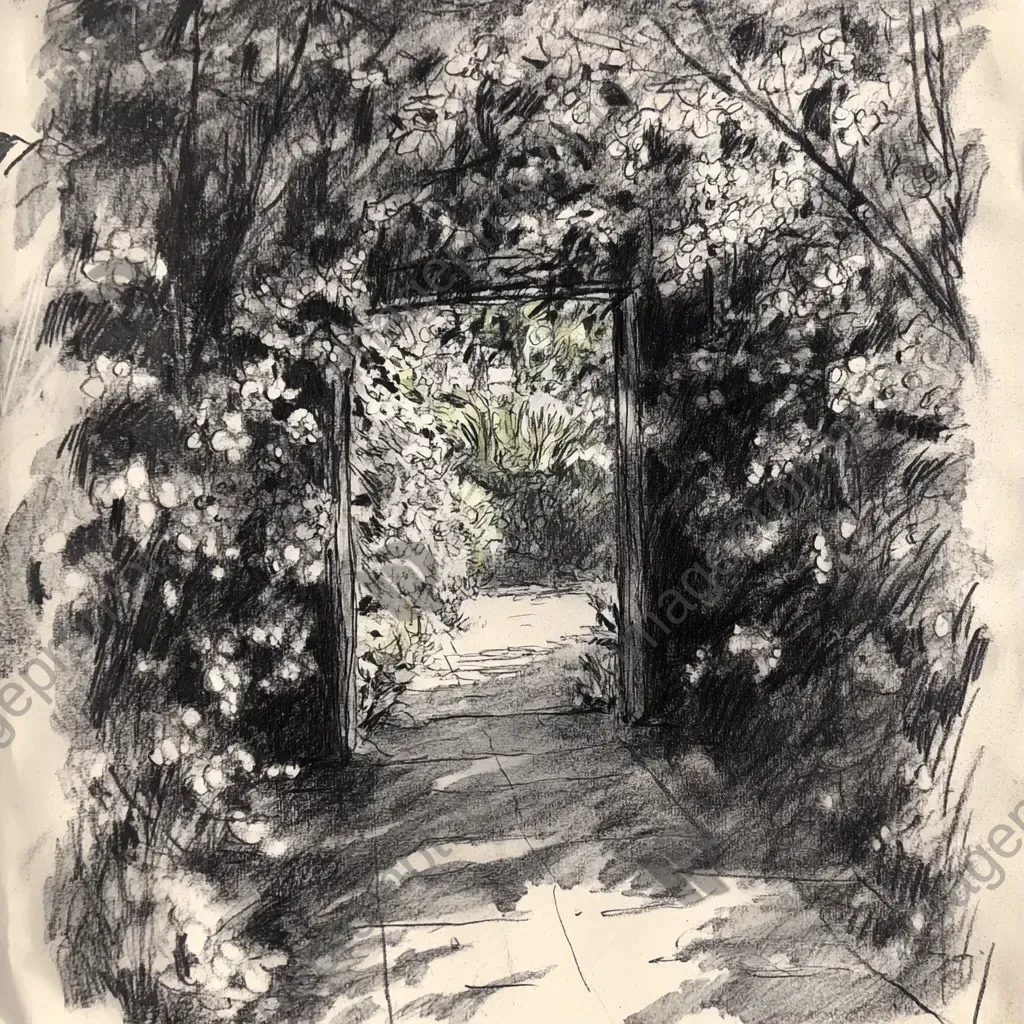 Charcoal sketch of children exploring a vibrant garden on a sunny spring day - Image 1