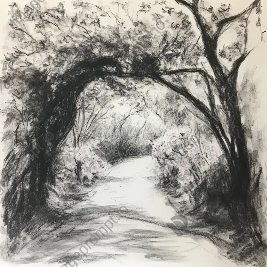 Charcoal sketch of children exploring a vibrant garden on a sunny spring day - Image 2