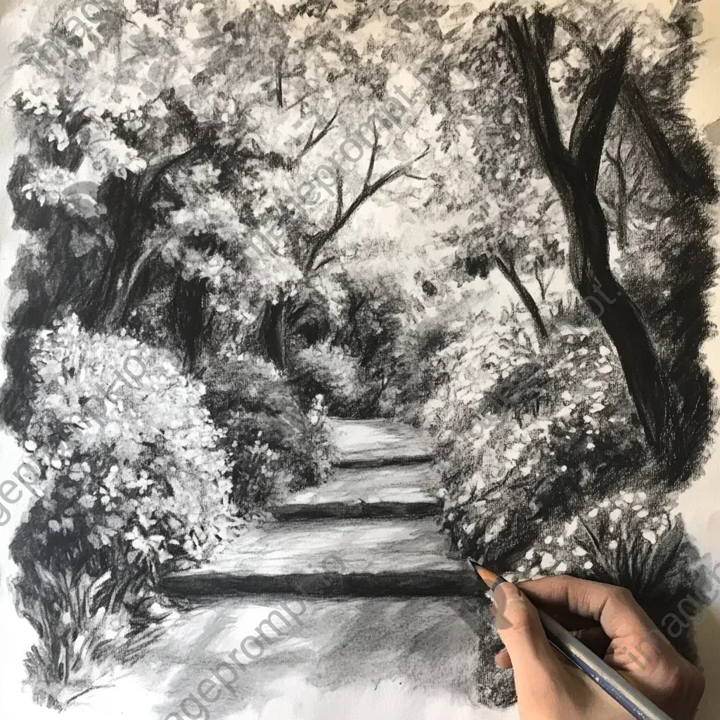 Charcoal sketch of children exploring a vibrant garden on a sunny spring day - Image 3