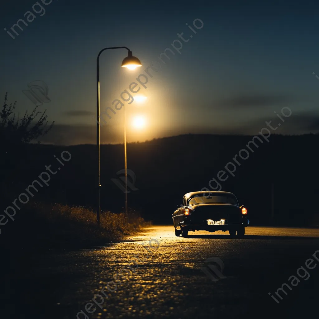 Vintage car parked on deserted road in black and white high contrast - Image 1