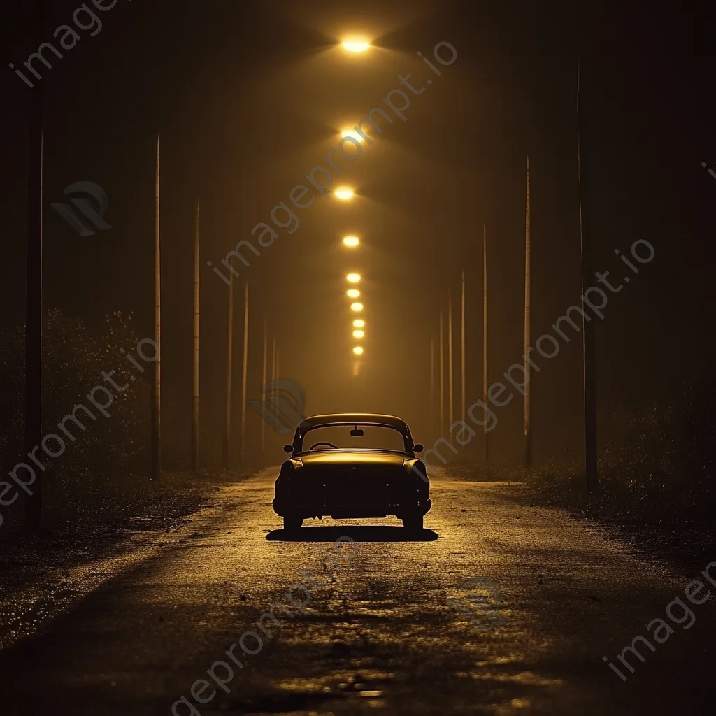 Vintage car parked on deserted road in black and white high contrast - Image 2