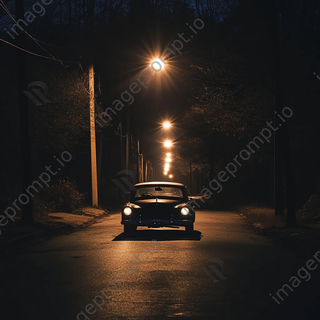 Vintage car parked on deserted road in black and white high contrast - Image 3