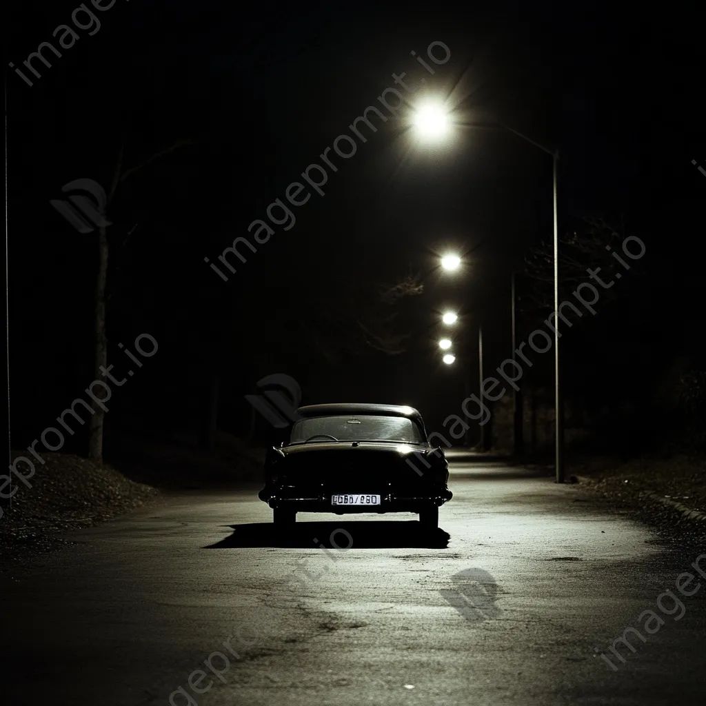 Vintage car parked on deserted road in black and white high contrast - Image 4