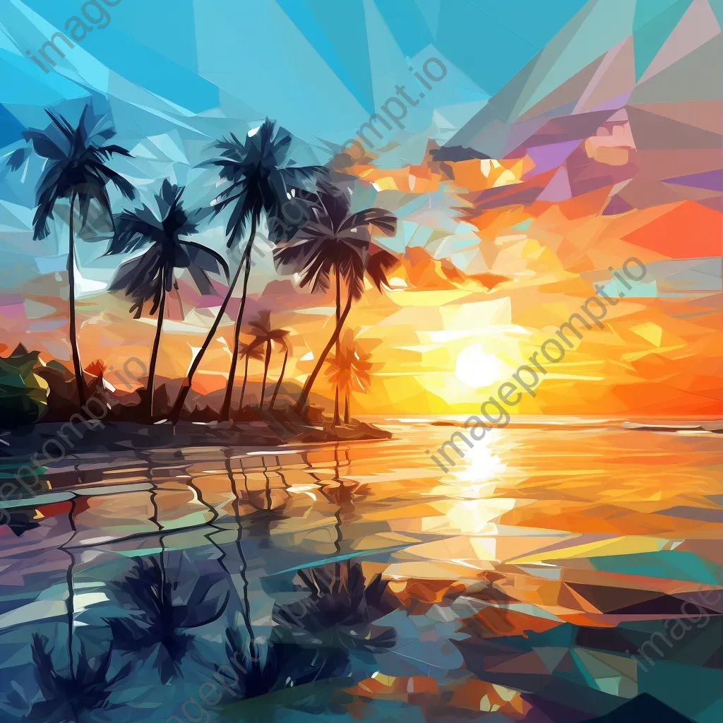 Low poly art of a tropical city beach during a vibrant sunset - Image 1