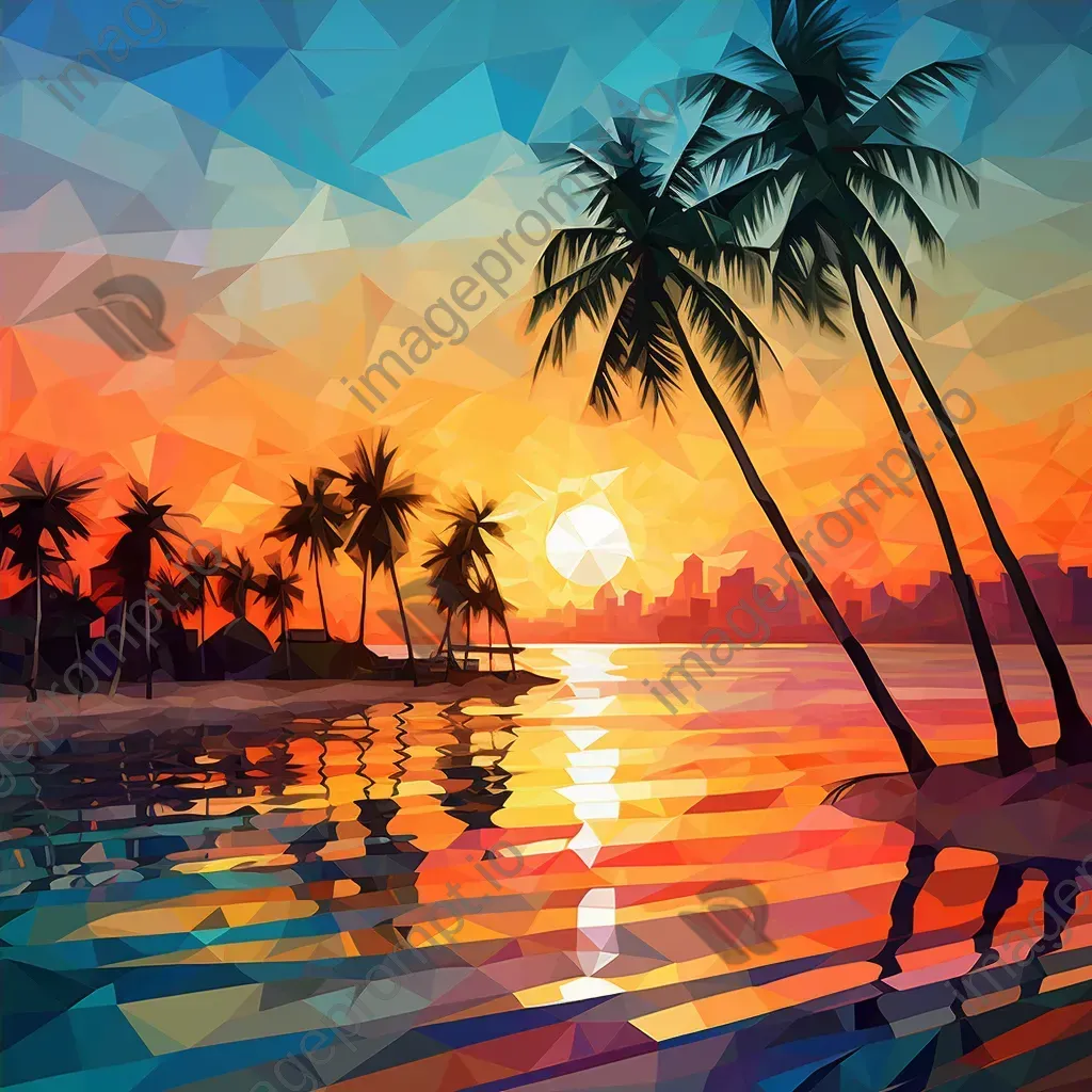 Low poly art of a tropical city beach during a vibrant sunset - Image 4