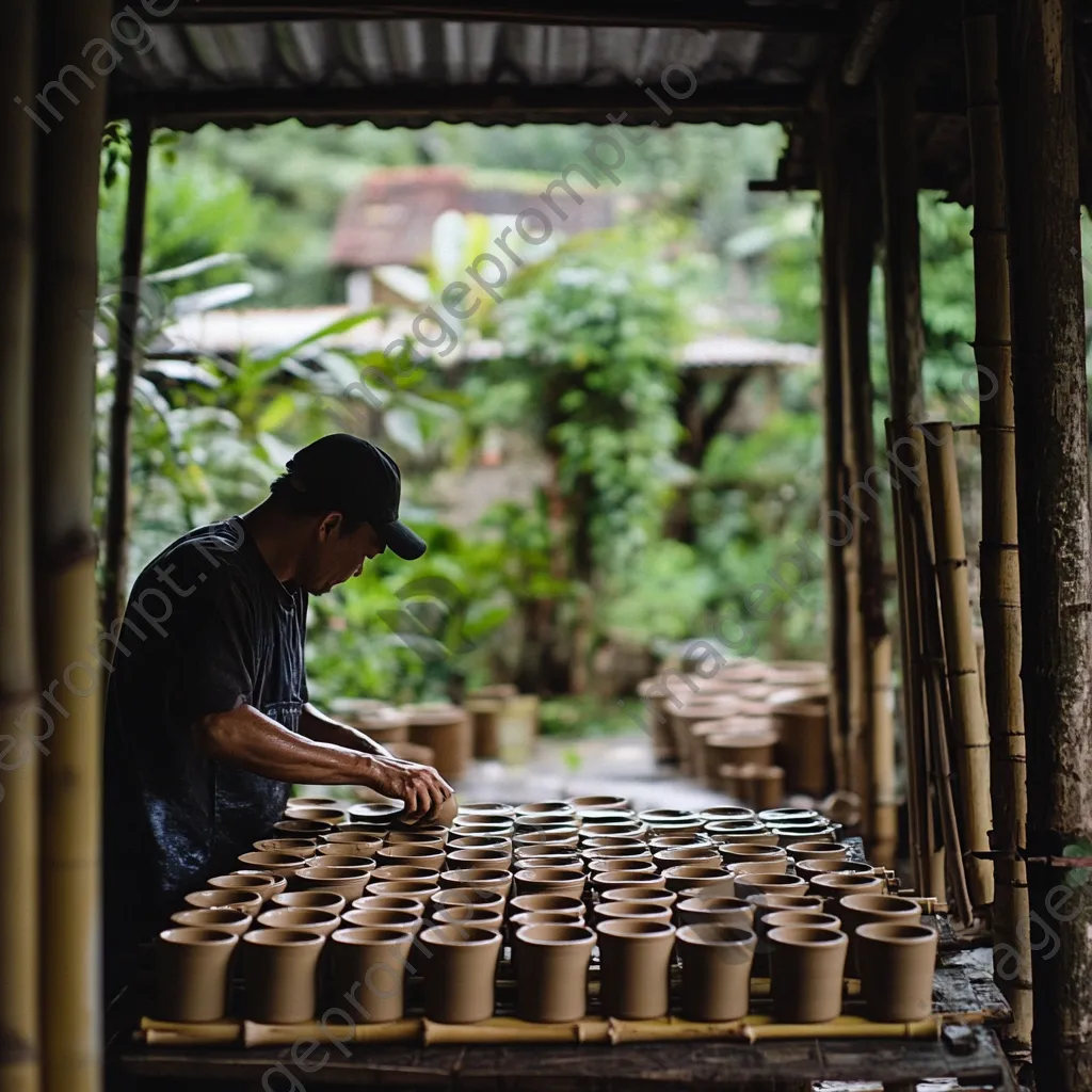 Potter arranging wet clay items on bamboo drying rack - Image 1