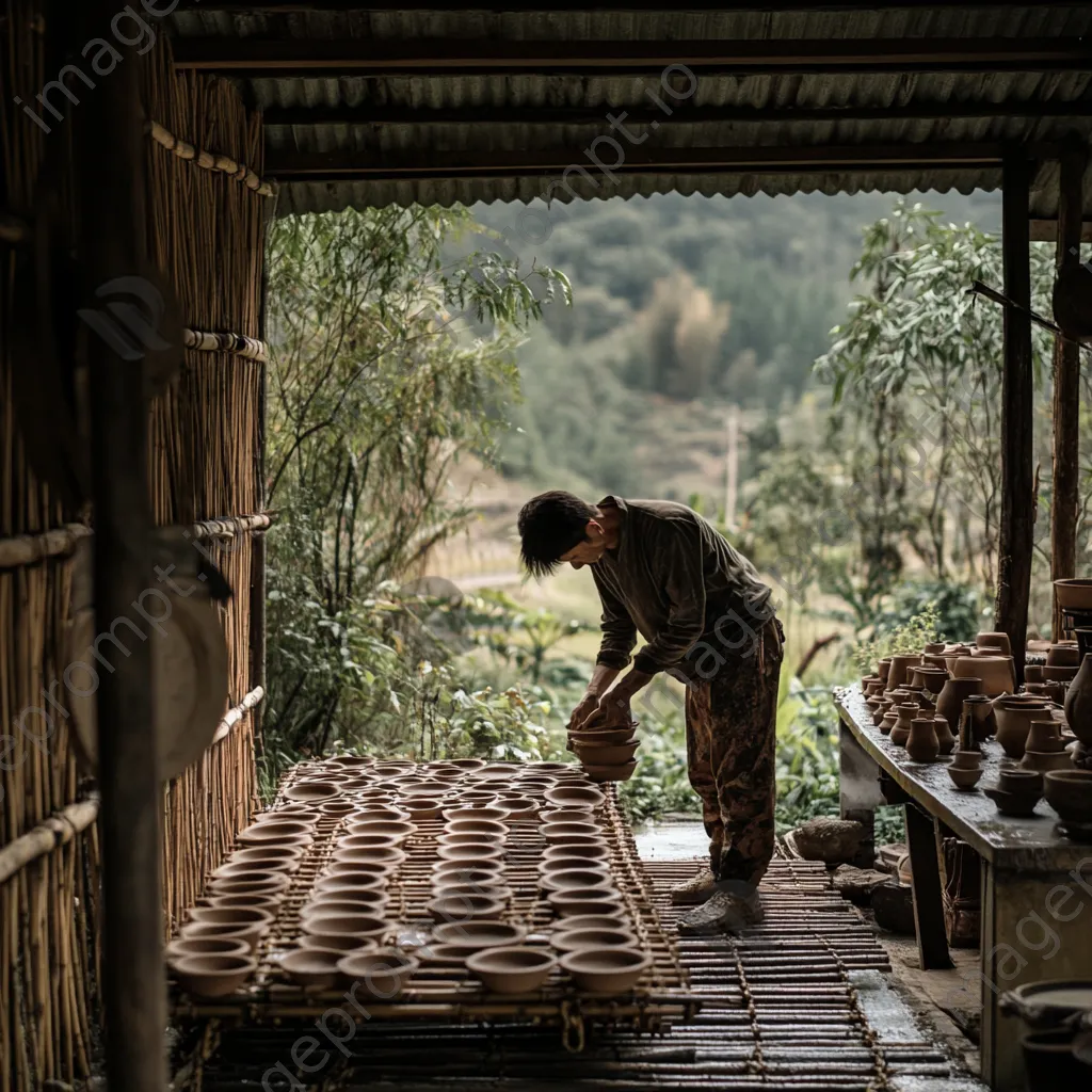 Potter arranging wet clay items on bamboo drying rack - Image 2