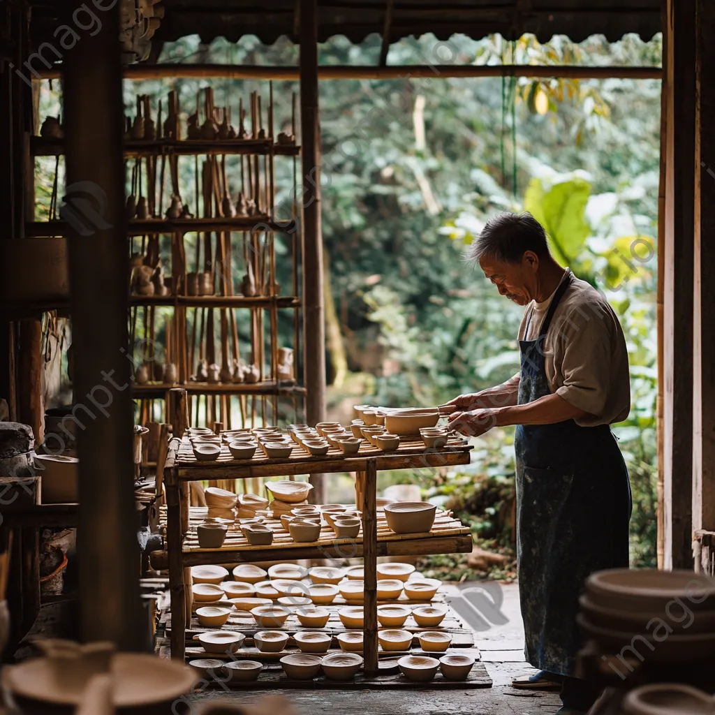 Potter arranging wet clay items on bamboo drying rack - Image 3