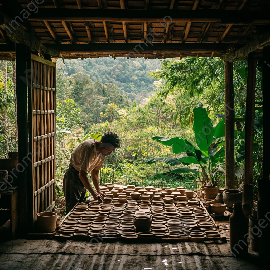 Potter arranging wet clay items on bamboo drying rack - Image 4