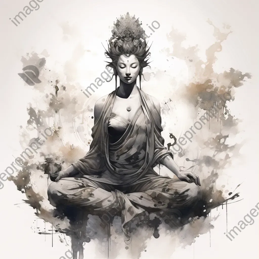 Ink wash painting of an ethereal bodhisattva in serene meditation - Image 1