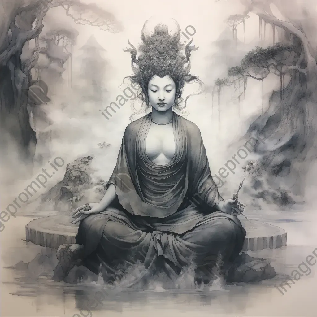 Ink wash painting of an ethereal bodhisattva in serene meditation - Image 2