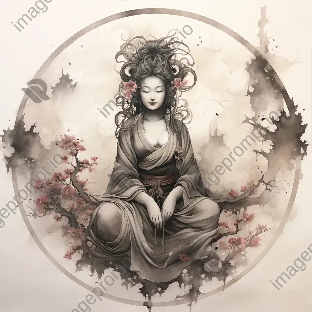 Ink wash painting of an ethereal bodhisattva in serene meditation - Image 3