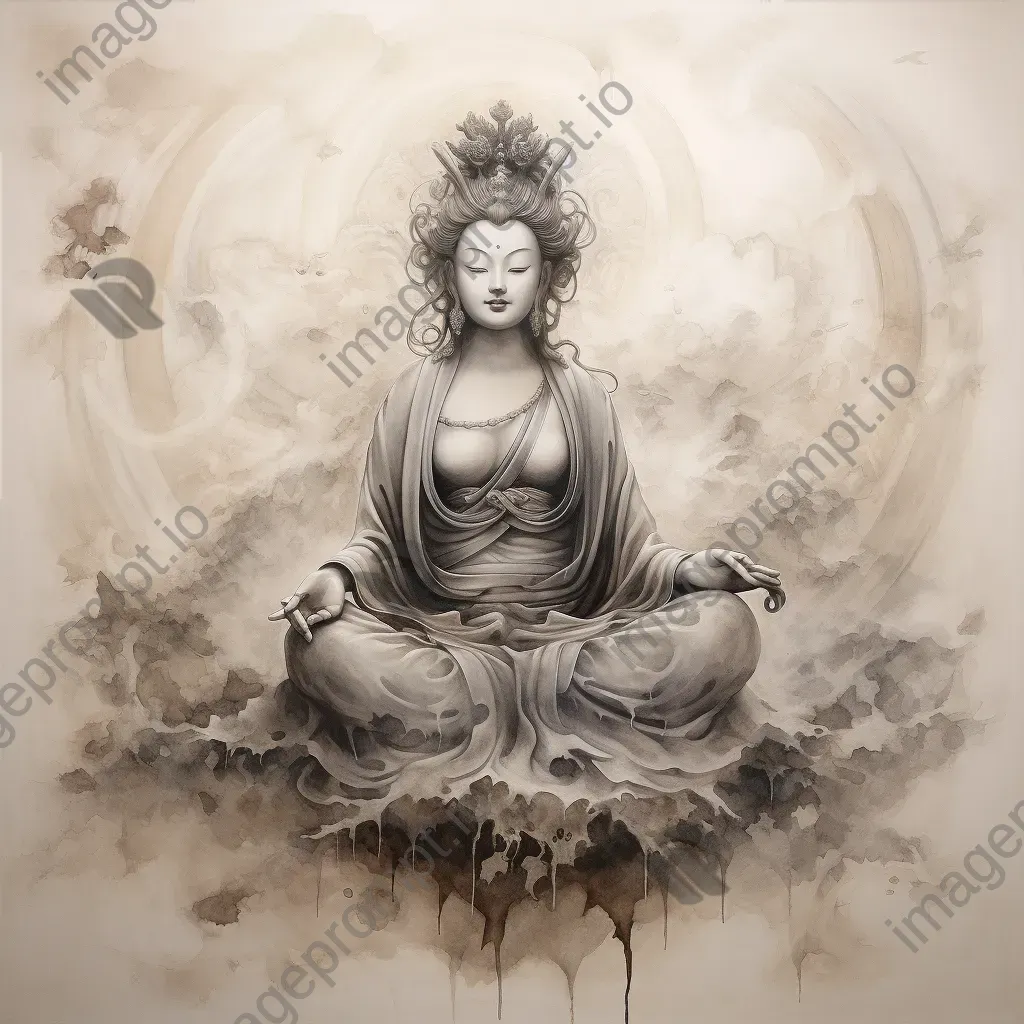 Ink wash painting of an ethereal bodhisattva in serene meditation - Image 4