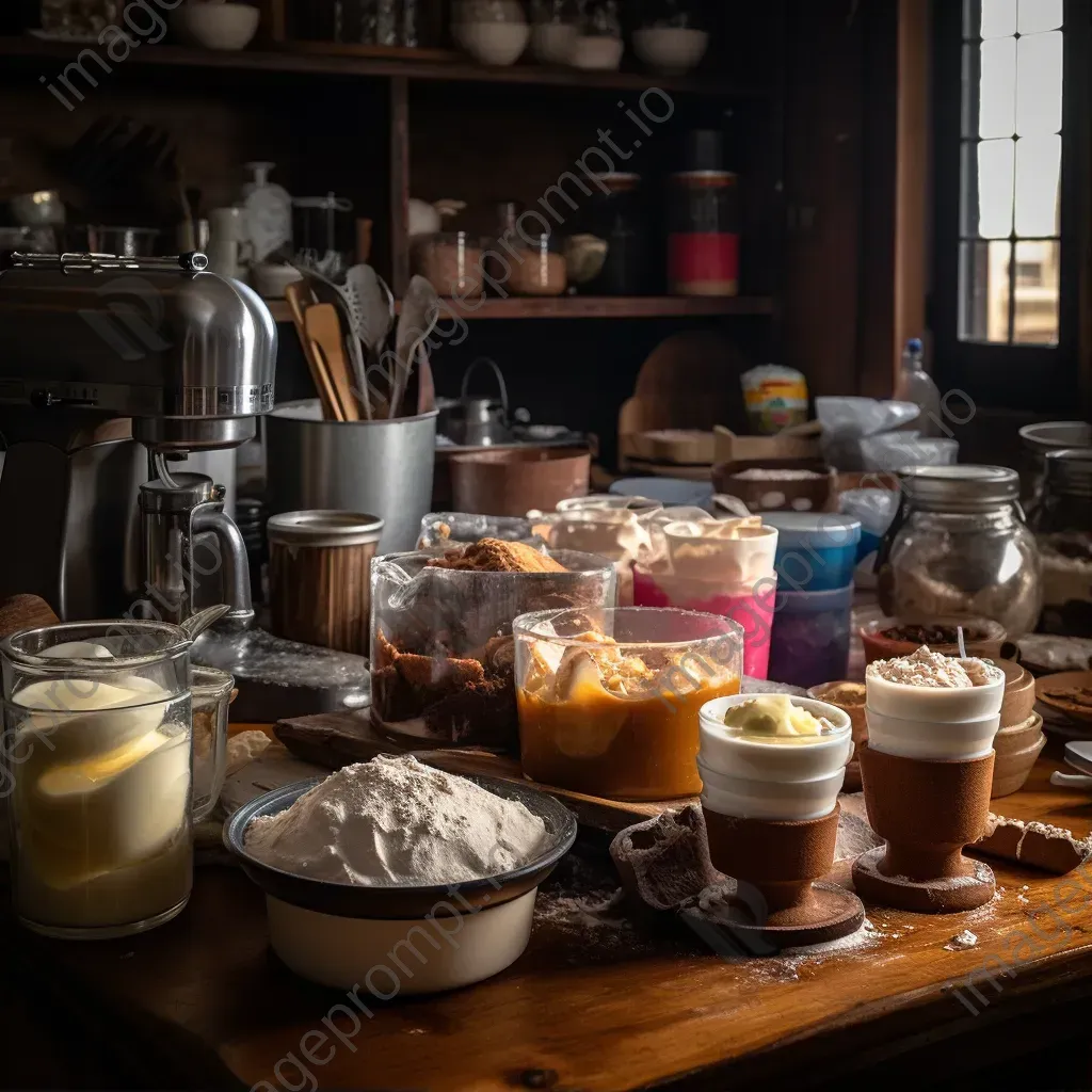 Top-down view of a baking station with ingredients and cake in progress - Image 1